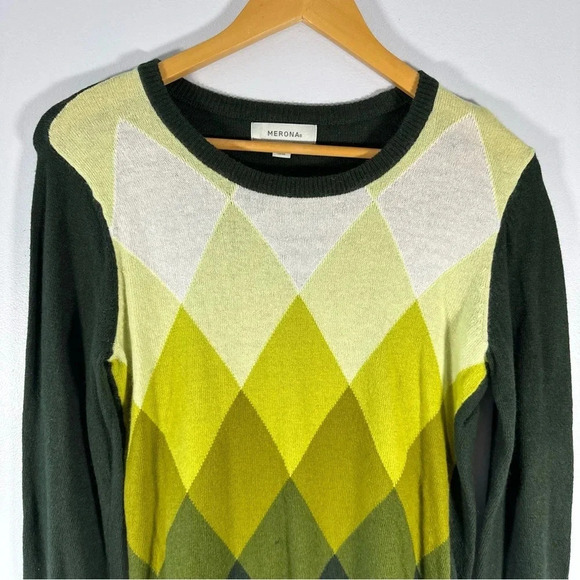 Merona Y2K Knit Wool Blend Green Patterned Crew Neck Sweater Size Medium M - Picture 3 of 7